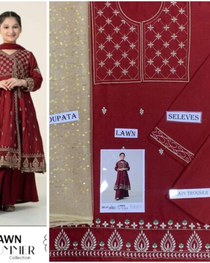Kids Deep Maroon Lawn 3PC Embroidered Suit -Unstitched (Shirt, Trouser, Dupatta)