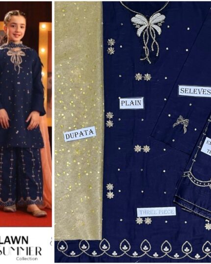 Kids Navy Blue Lawn 3PC Embroidered Suit -Unstitched (Shirt, Trouser, Dupatta)
